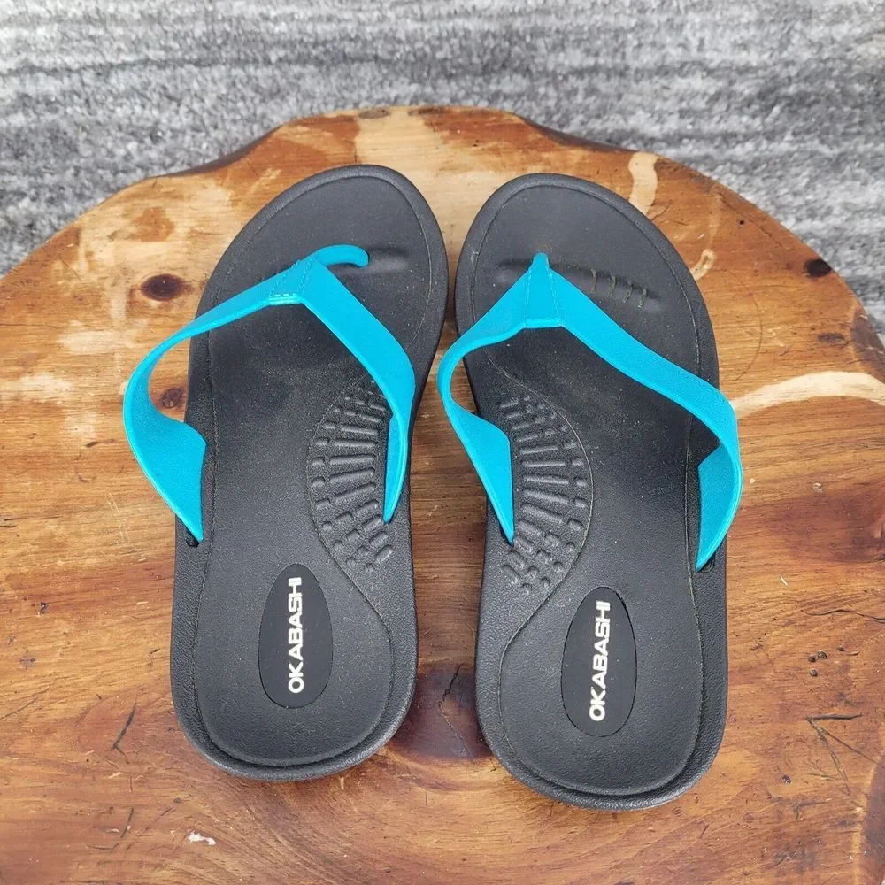Okabashi Sandals Womens‎ Small Black Aqua Blue Thongs USA Comfort Relax Casual